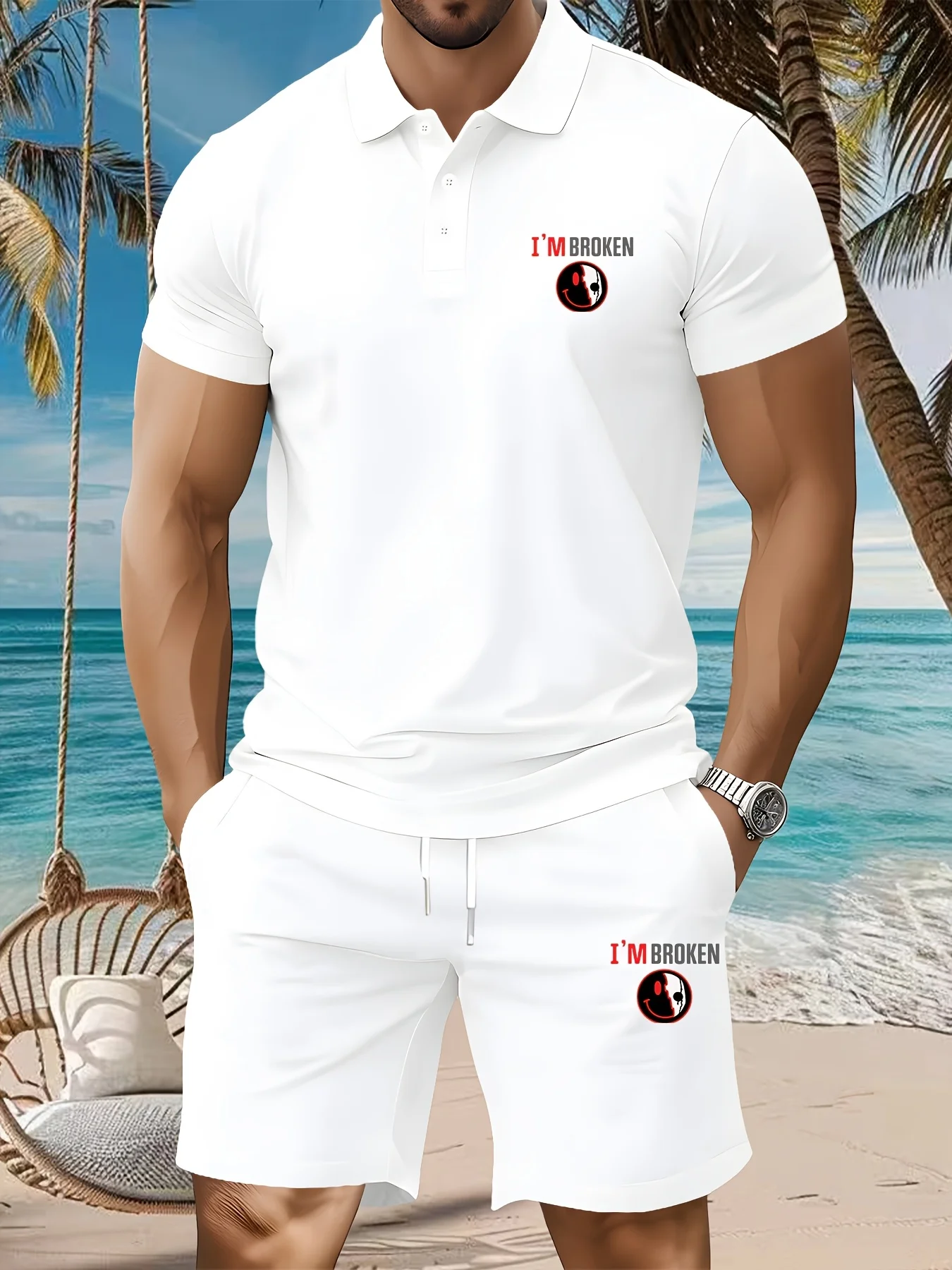 

Men's White I'm Broken Skull Smile Printed Polo Shirt and Shorts Two-piece Casual Sportswear Set Quick Drying Summer Outfit