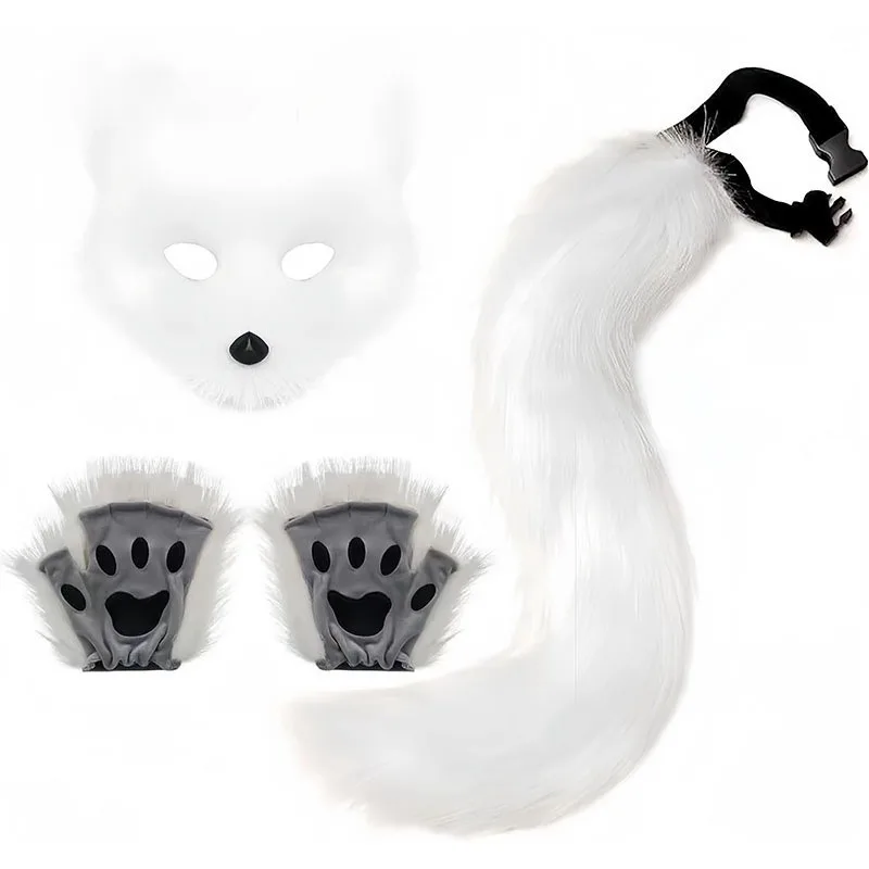 

Girls Women Faux Fur Fox Tail Cat Wolf Cosplay Costume Set Plush Mask Fluffy Paw Gloves Halloween Christmas Party