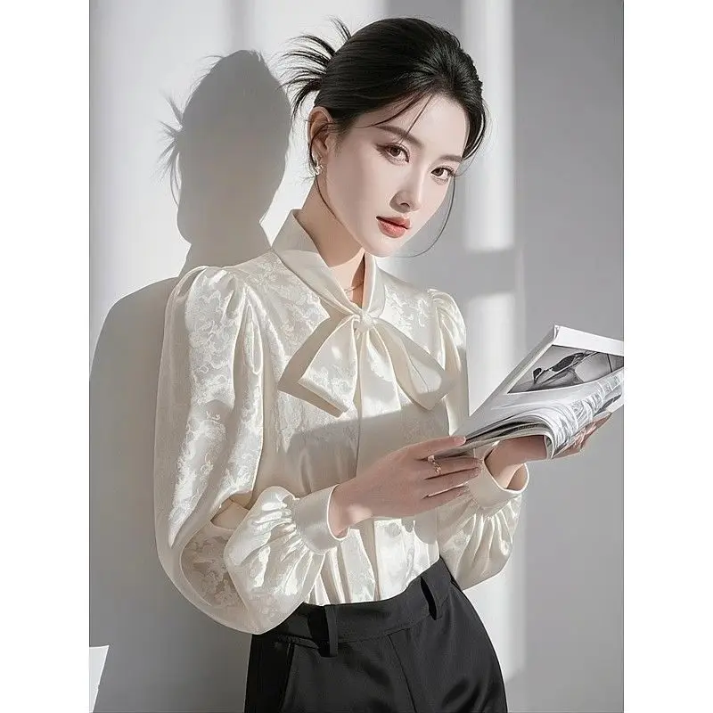 White Bow Shirt Women's Long Sleeve 2025 Autumn New Style Loose Top Button Cardigan