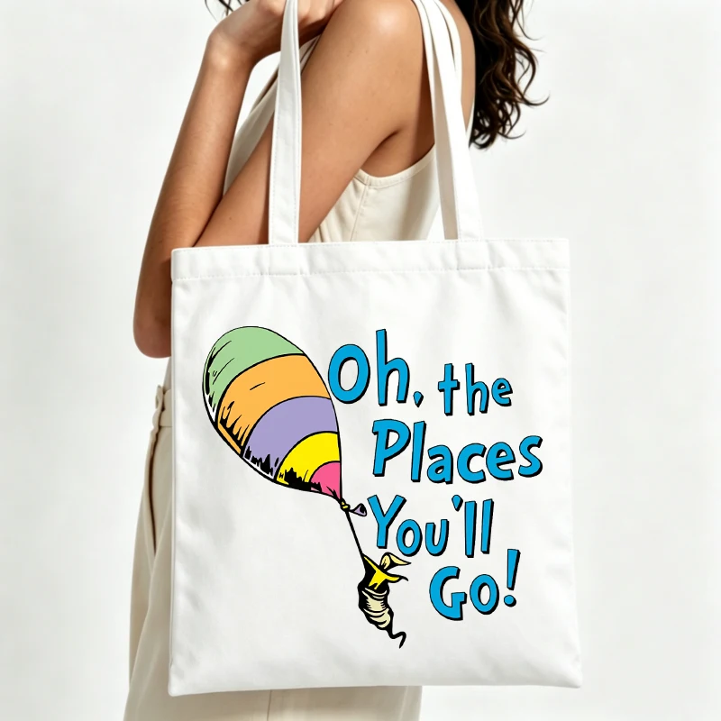 Women's colorful balloon and slogan-style graphic canvas tote bag, perfect for casual daily use and summer outings