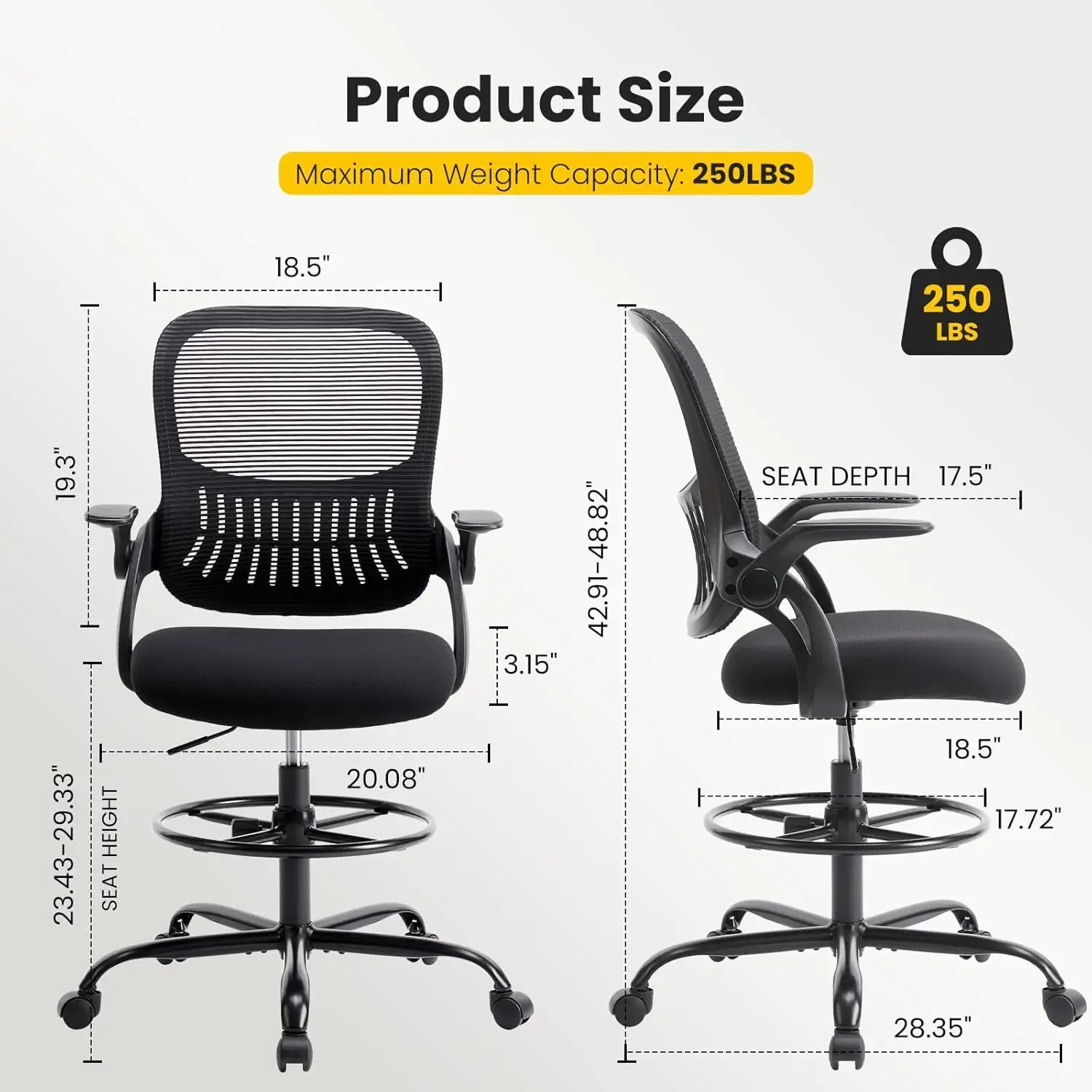 人間工学に基づいた製図椅子、ランバーサポートとフットレスト付き、製図台や机用の高さ調節可能なスツール