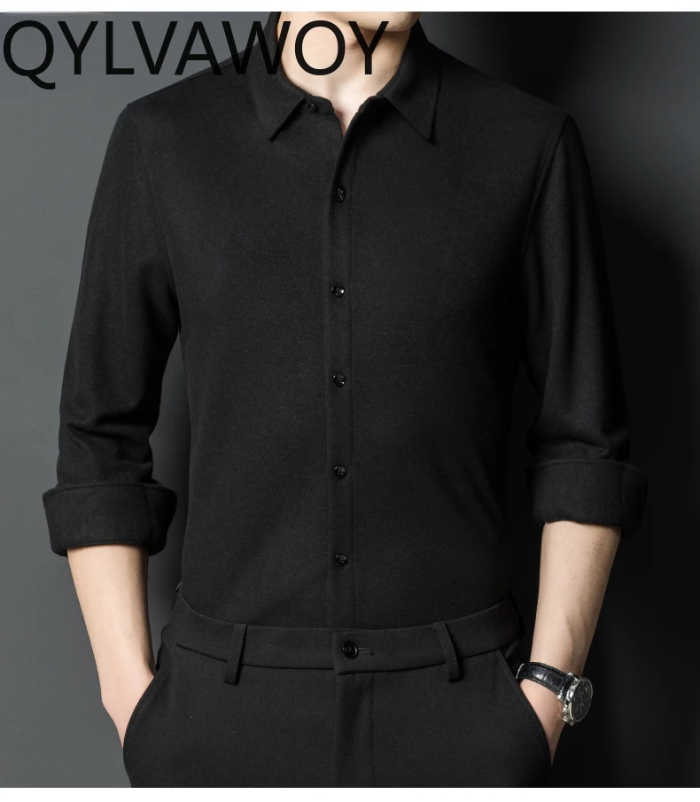 QYLVAWOY 100% Cashmere Shirt for Men Clothing Autumn Winter Mens Shirts Business Casual Long Sleeve Top 2024 Chemise Homme