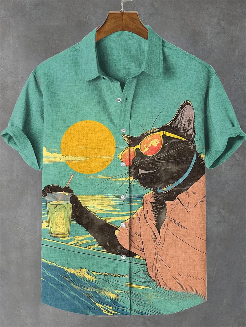 Fashionable street play Hawaii loose short sleeved men's clothing 3D printed cat big pattern trendy high-end men's shirt