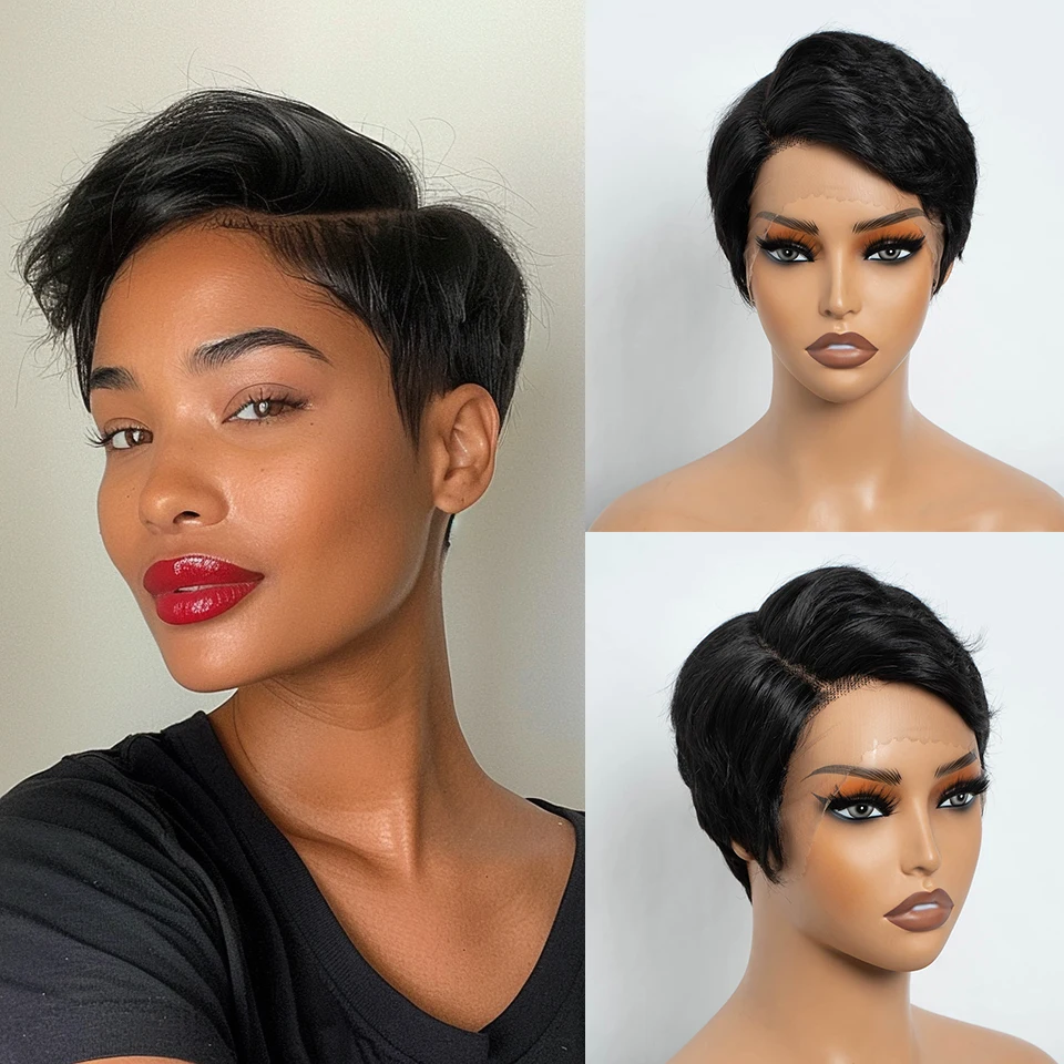 

Short Pixie Cut Straight Bob 13x1 T Part Lace Front 100% Human Hair Wig Ready To Wear Brazilian Remy Hair Colored Straight Wig