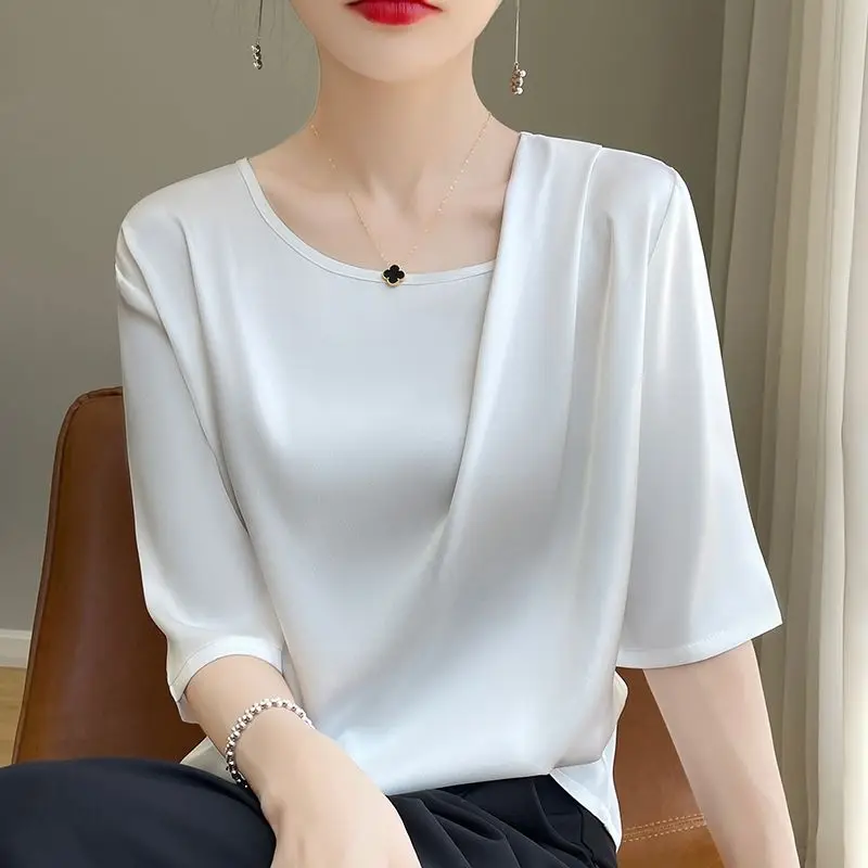 

2025 Summer Luxury Satin Silk Women T-shirt Solid Round Neck shirt half Sleeve Loose Femme Pullover Tops Ladies Casual Thin tee
