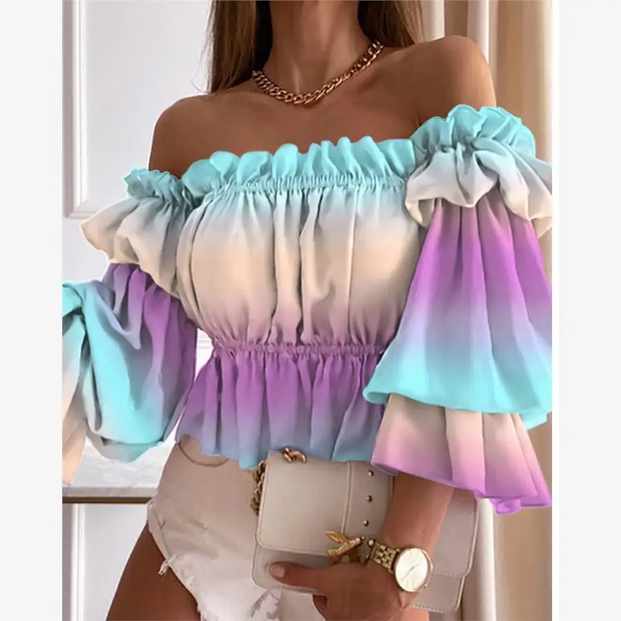 Sexy Shoulder Bared One-Shoulder Gradient Dyed Floral Print Slim Fit Long Sleeve Shirt Short Top Commute Style Regular Sleeve