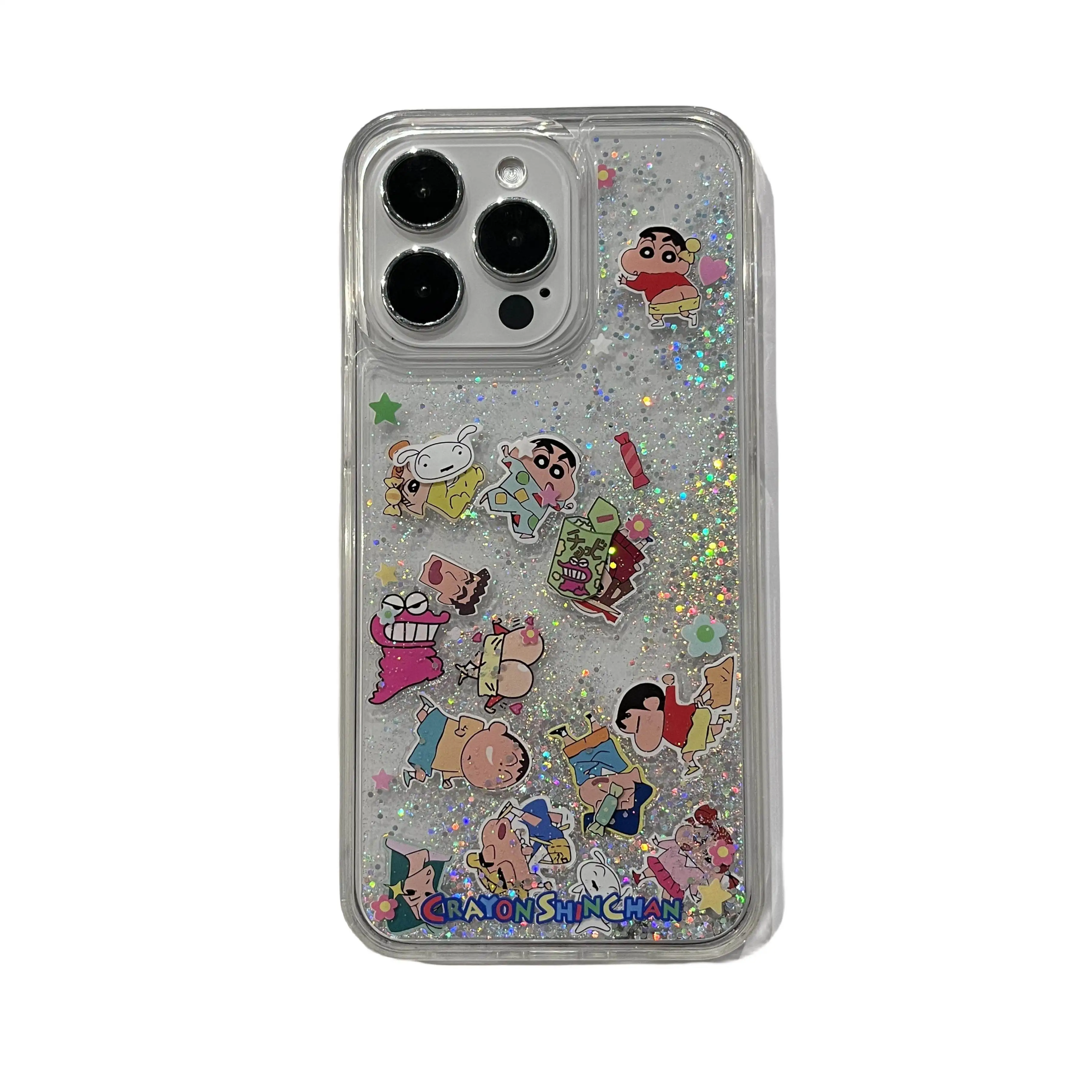 Cute Cartoon Japan Anime Crayon Shin chan Bling Glitter Quicksand Phone Case For iPhone 17 16 15 14 13 Pro Max Clear Hard Cover view 6
