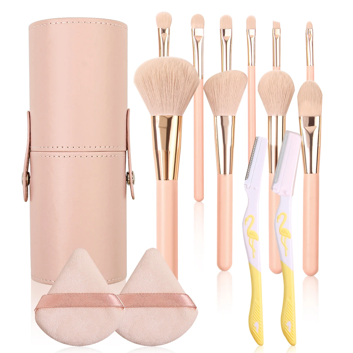 15PCS set combined with 10 makeup brush tools +2pcs eyebrow trimmer +2pcs triangular powder puff +1pcs storage bucket