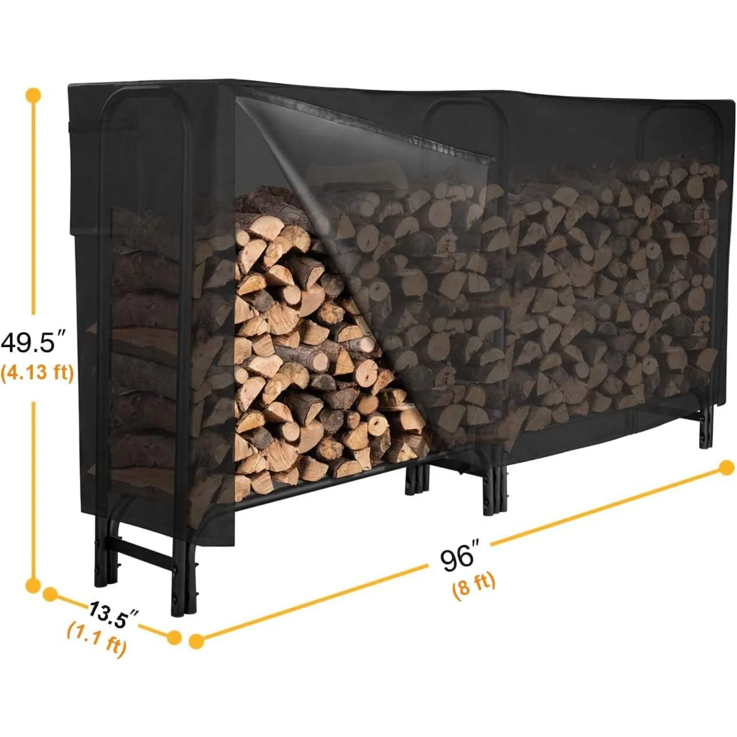 8FT Firewood Rack Outdoor with Cover, Adds Sturdy Middle Upright, Heavy Duty Steel Log Rack Wood Holder, Easy to Assemble