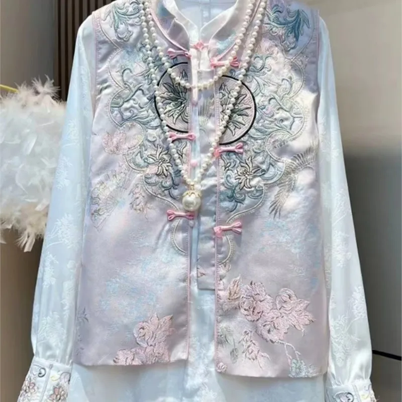 Fat Sister New Chinese Style National Disc Embroidered Vest Long Sleeve Undershirt Set