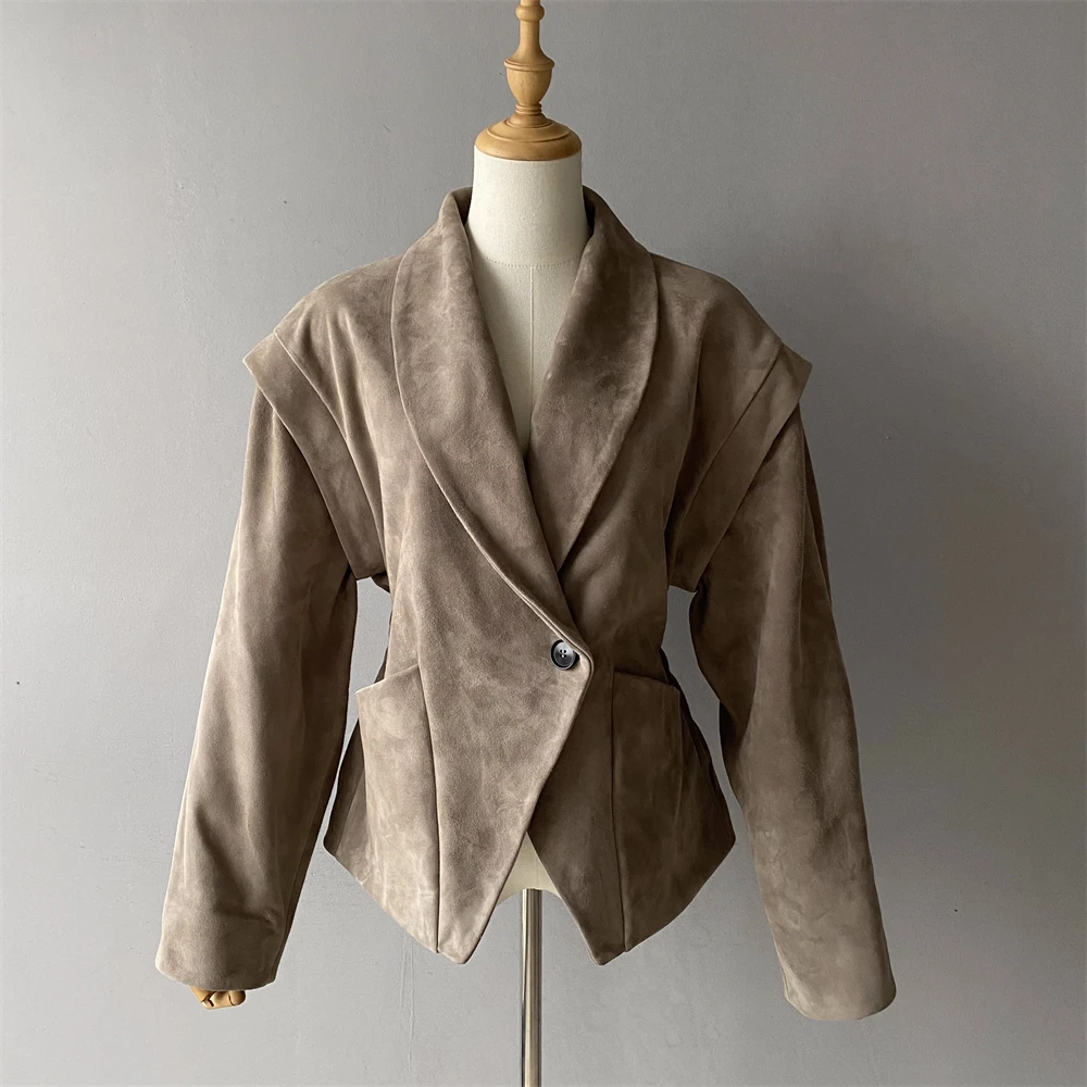 Luxyonuo Giacca in vera pelle scamosciata di lusso Autunno Cappotto blazer in vera pelle di pecora Giacca bomber oversize moda donna Nuovo arrivo
