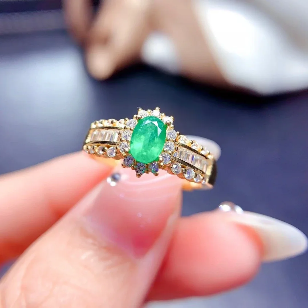 

0.5ct Natural Emerald Ring for Engagement 4mm*6mm Emerald 925 Silver Ring with 3 Layers 18K Gold Plating Birthday Gift for Woman