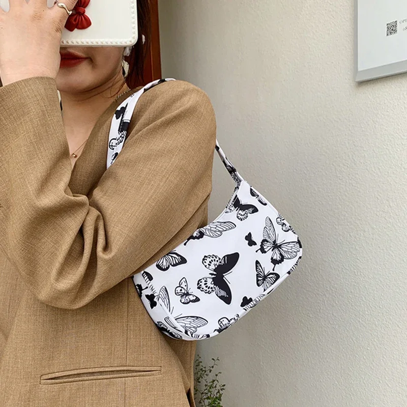 Print Canvas Shoulder Underarm Bag Vintage Ladies Small Purse Handbags Casual All-match for Women