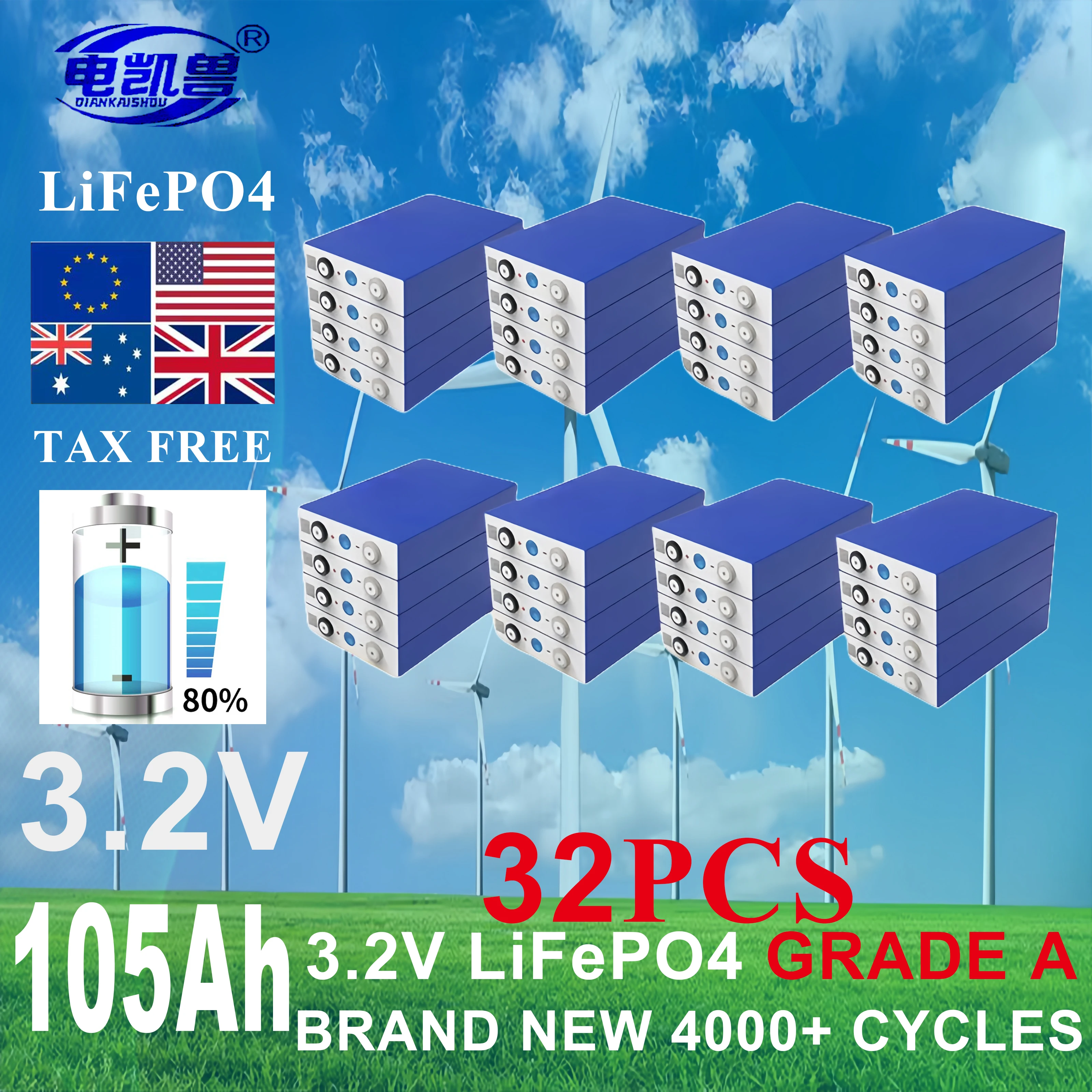 

New 32pcs Grade A 105ah 3.2V Lifepo4 Rechargeable Battery 4000 Cycles DIY 12V 24V 48V RV, yacht, golf cart solar energy battery