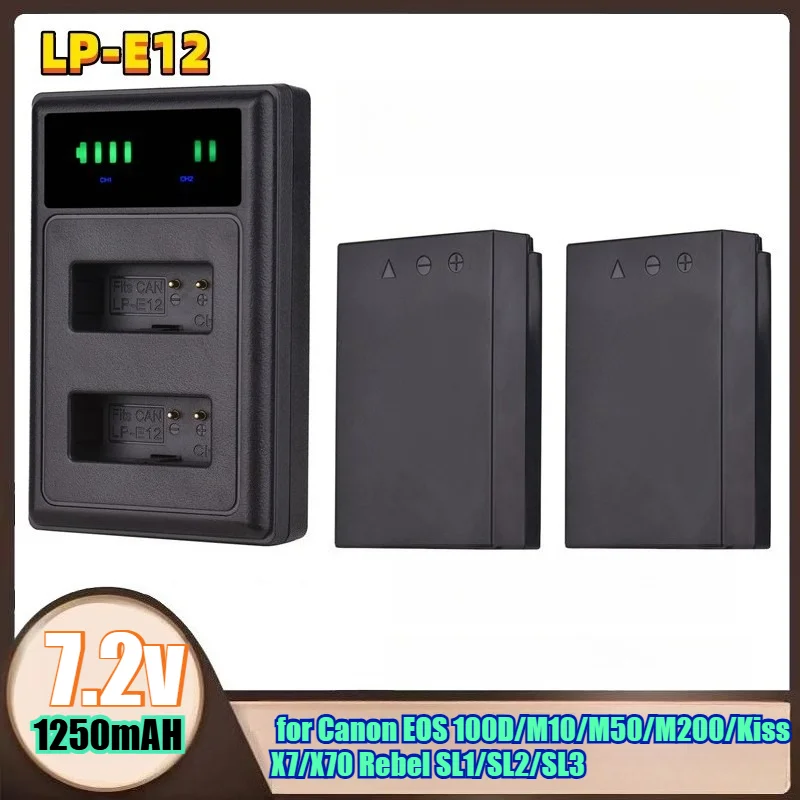 1250mAh LP-E12 Replacement Battery for Canon EOS 100D/M10/M50/M200/Kiss X7/X70 Rebel SL1/SL2/SL3 High Capacity Li-ion Battery