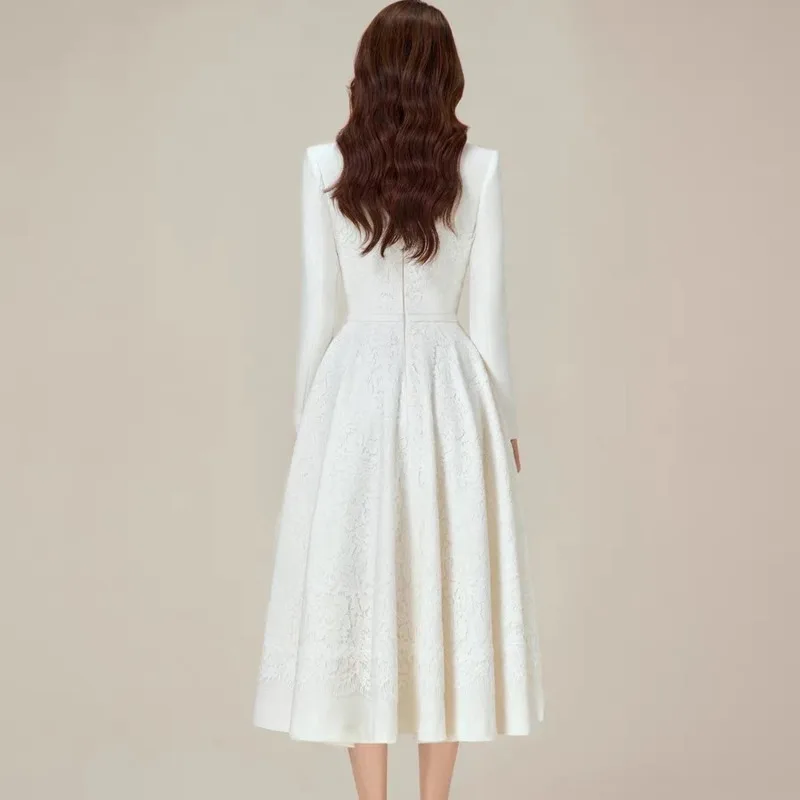 YFPF Elegant Lace Embroider Women's Dress V Neck Long Sleeve Belt High Waist A Line Folds Dresses Fashion Party New Clothing