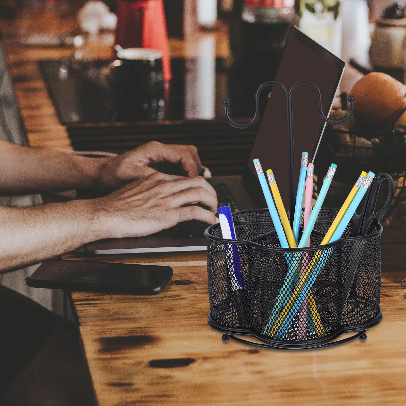 

Iron Mesh Pen Holder Bucket With Handle Hanging Hook Multifunctional Metal Desktop Organizer For Stationery Makeup Brushes