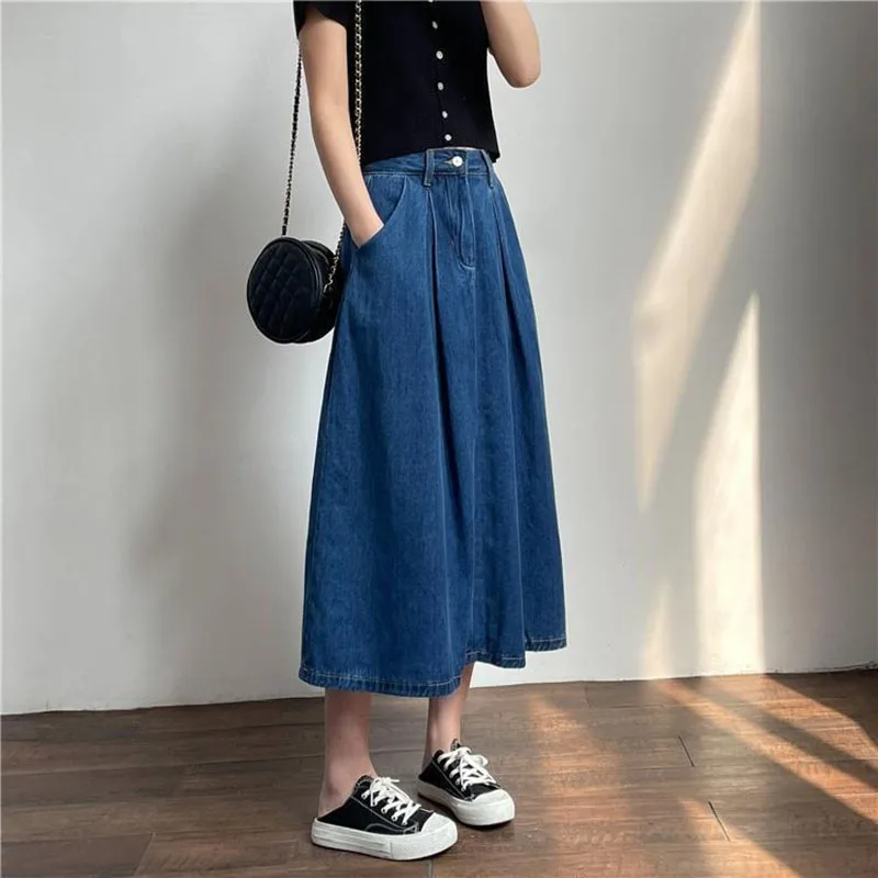 

Роскошное джинсовое полуплатье в стиле ретро 2025, женское трапециевидное платье с высокой талией, средней длины, темно-синяя джинсовая юбка в стиле зонтика