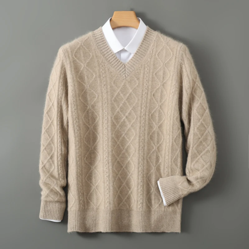 

First-Line Ready-To-Wear Men 100% Merino Wool Sweater V-neck Long Sleeve Pullover Autumn Winter Thick Jumper Cashmere Knit Shirt
