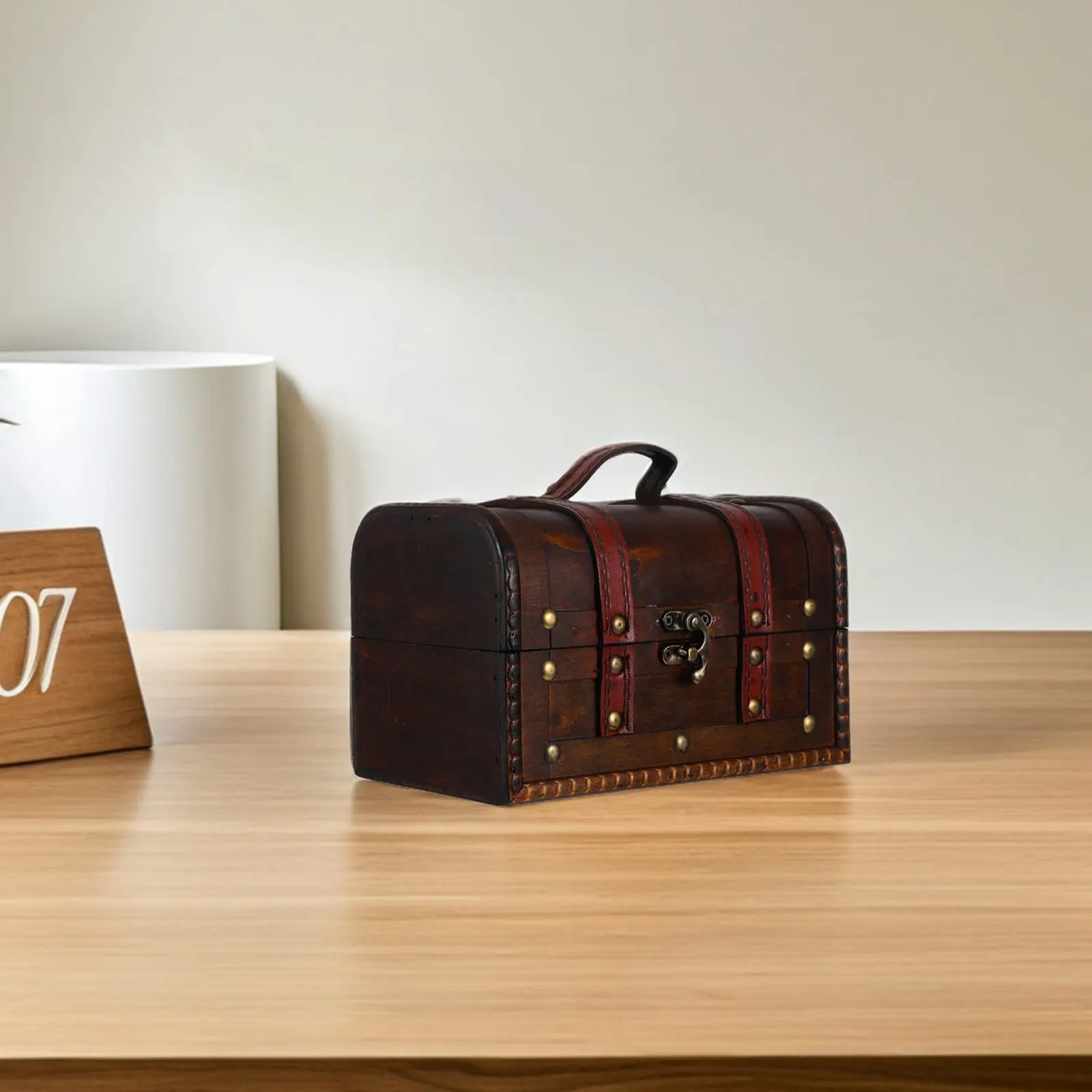 Pirate Treasure Chest Small Wooden Storage Box Vintage Design Lock Rustic Decorative Trunk for Keepsakes Jewelry