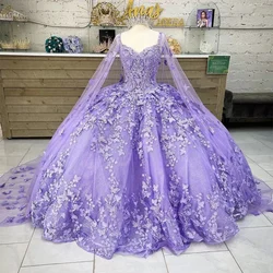 Lilac lavender Butterfly Quinceanera Dresses With Cape Lace Applique Sweet 16 Dress Mexican Prom Gowns 2023 Vestidos De XV Anos