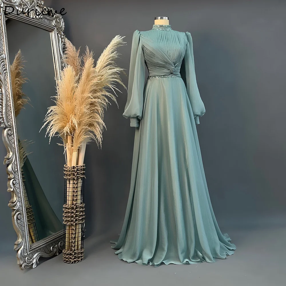 Duricve Customized Lake Blue Chiffon Muslim Evening Dresses Sequins Long Sleeves High Neck A-Line Modest Formal Prom Gown robe