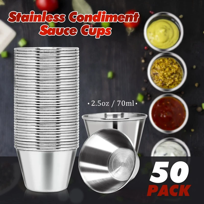 50 PCS Metal Sauce Cups 2.5Oz Ramekins, Stainless Steel Dipping Sauce Cups Reusable Metal Condiment Container