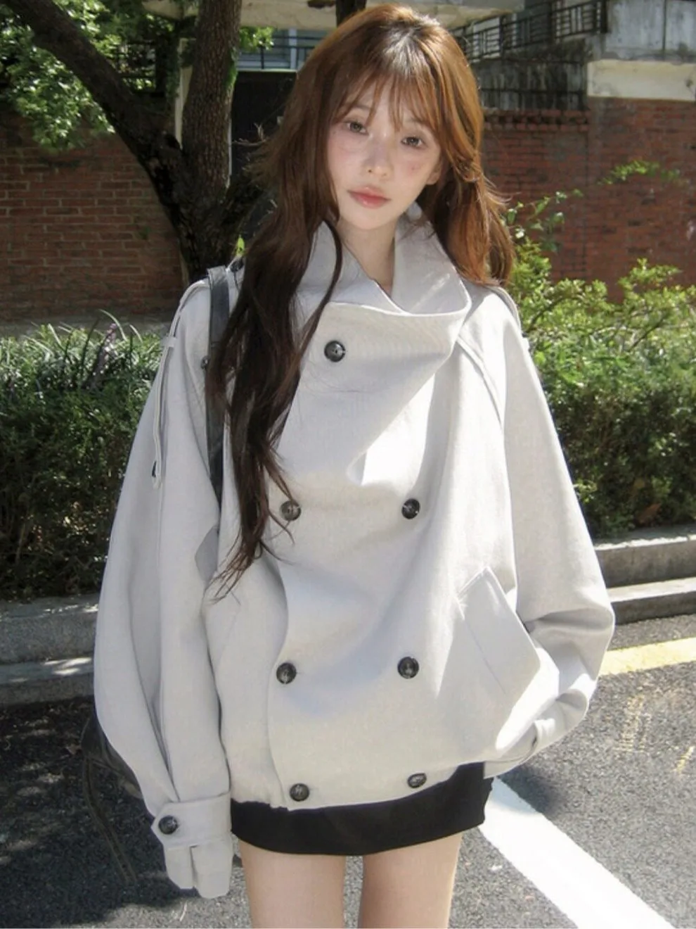 Khaki Color Women's Overcoat Jacket Loose Silhouette Small Size Autumn New Style Fashion Sensation Double Breasted Coat