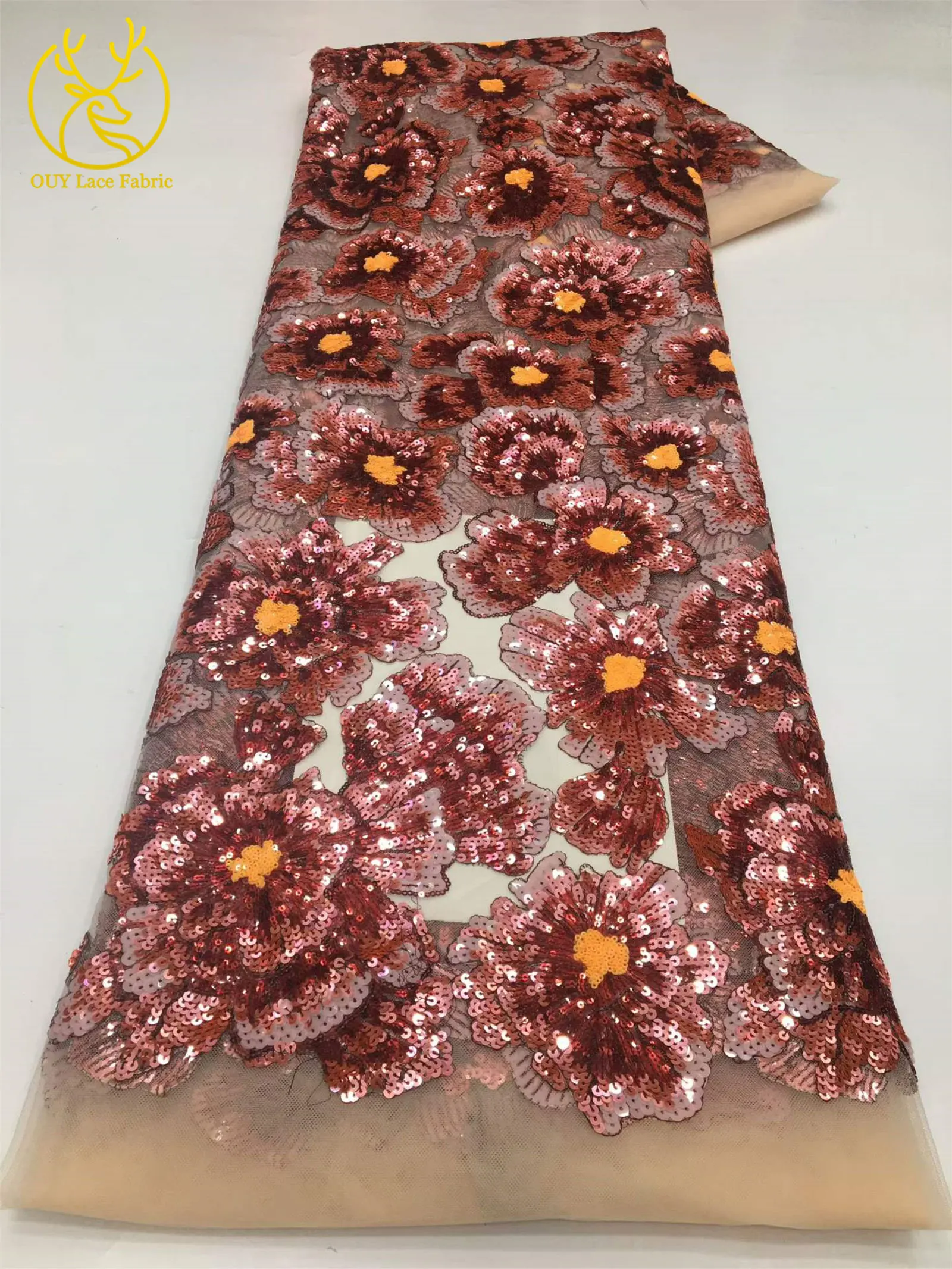 Afrikanischer Pailletten-Stickerei-Tüll-Spitzenstoff, französischer Pailletten-Perlen-Spitzenstoff, nigerianische Braut-Hochzeitsdekoration, zum Nähen, 5 Yards – Detail 15