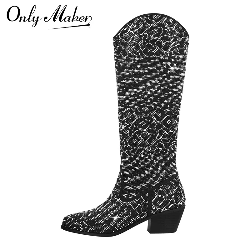 Onlymaker Women Western Cowboy Boots Pointed Toe Knee High Boots WWide Calf   Block Heel Pull-On Cowgirl Boots