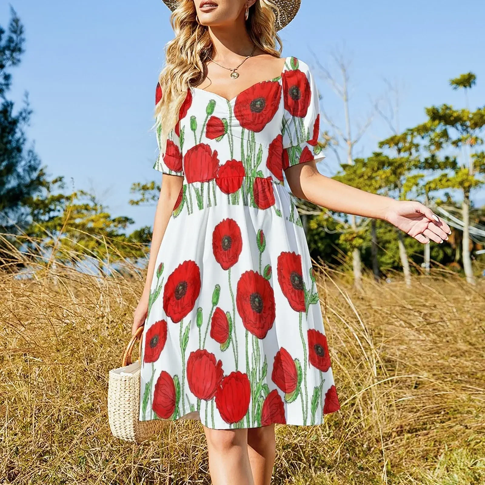 Red Poppies Field Of Flowers Watercolor Pattern by Irina Sztukowski Sleeveless Dress summer dress women 2025 Dress