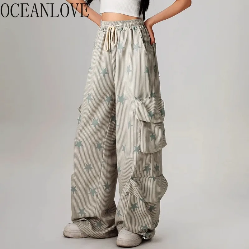 OCEANLOVE Y2k Women Pants Stripes Print Stars Streetwear Loose Pockets Fashion Pantalones De Mujer Punk Style Trousers