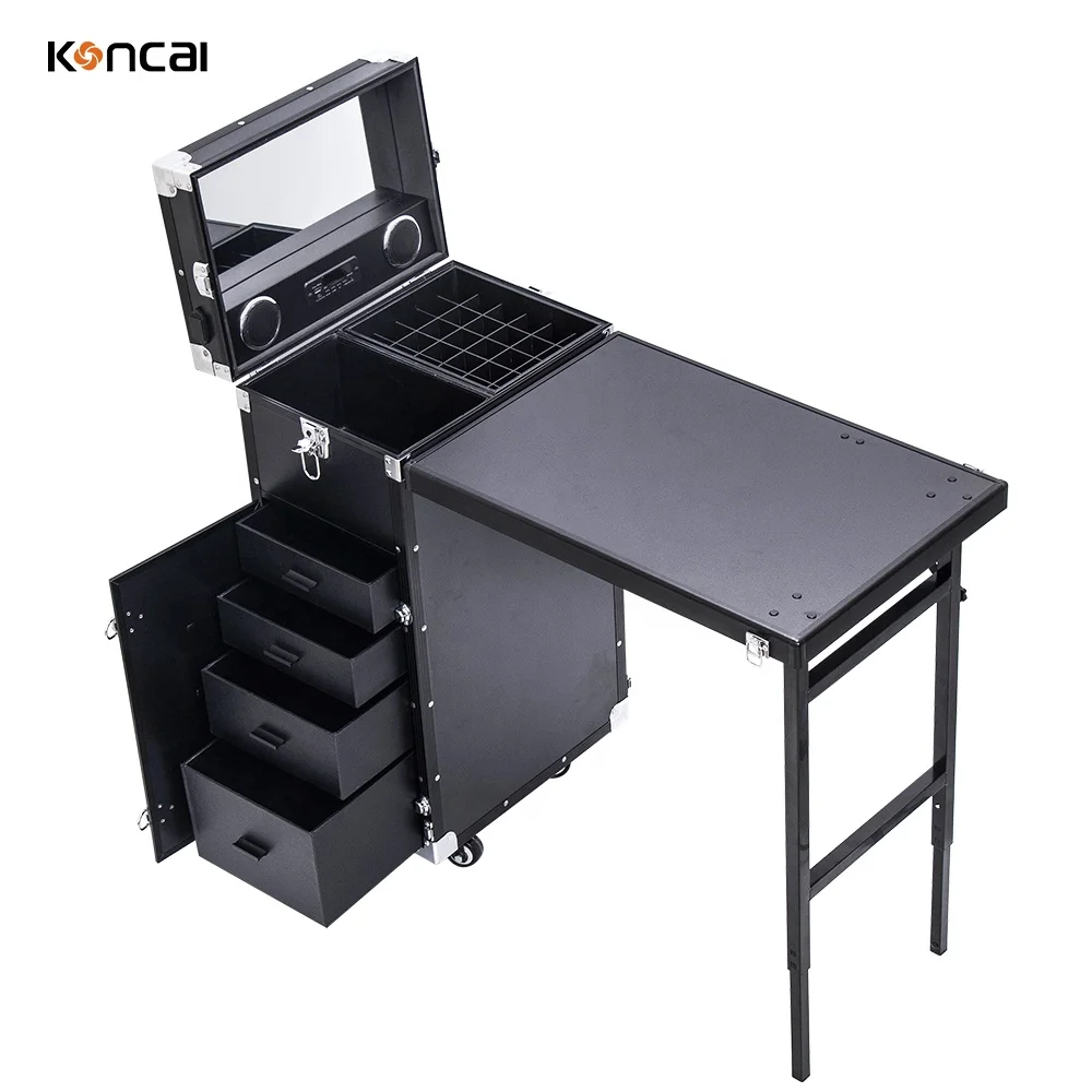 KONCAI Aluminum Travel Foldable Rolling Makeup Train Case ManicureTable Station Trolley Cosmetic Hair Nail Workstation