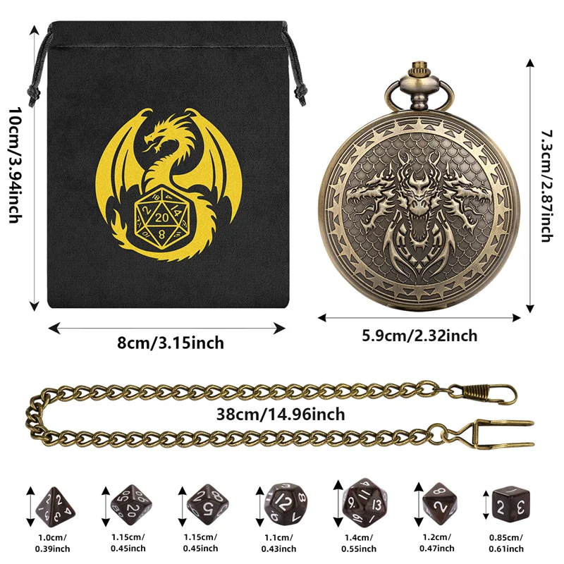 กล่องใส่พ็อกเก็ตวอทช์วินเทจลายหัวมังกรสามหัวขนาดใหญ่ พร้อมสายคล้องคอแบบ FOB และอะคริลิกทรงหลายเหลี่ยมขนาดเล็ก 7 ชิ้น สำหรับใส่ของเล่นเกม RPG DND
