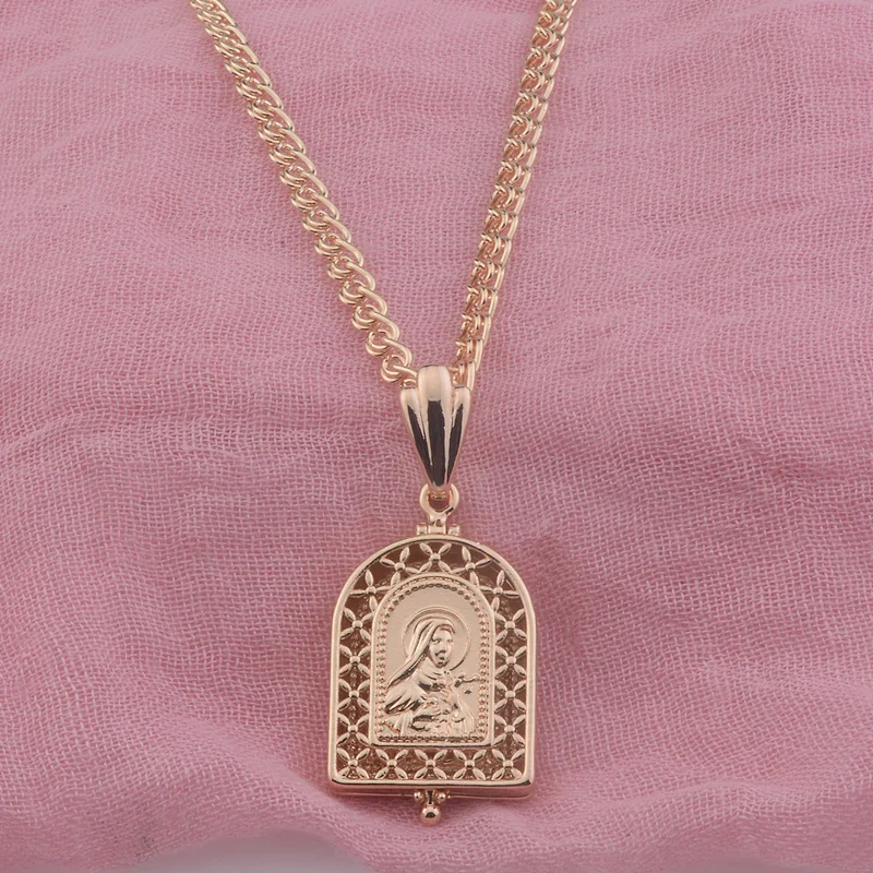 FJ Women Mens 585 Rose Gold Color Openable Religion Moscow Matron Pendant Necklace