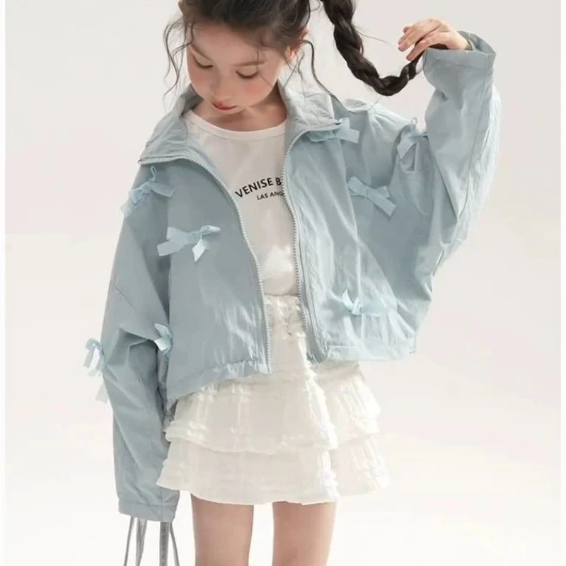 

2025 New Autumn Children's Loose Zipper Strap Bow Decoration Short Solid Color Coat
