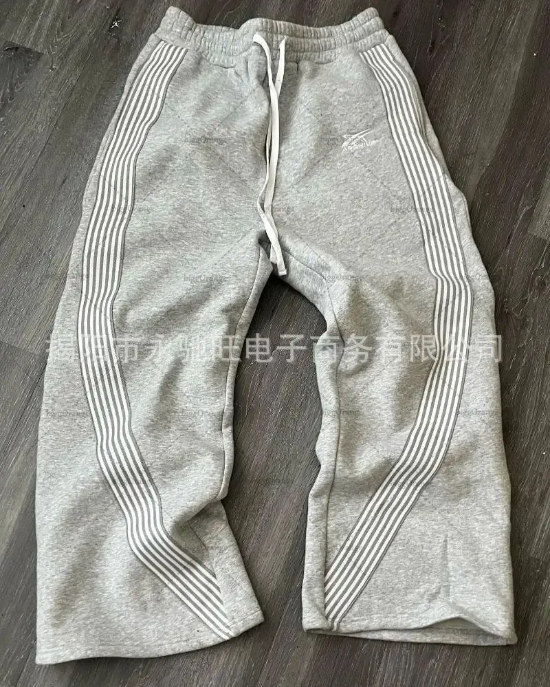 Flared Sweat Pants Curved Stripes Wide Leg Trousers, Elastic Drawstring Waist Loose Gray Streetwear Joggers for Daily Outfit