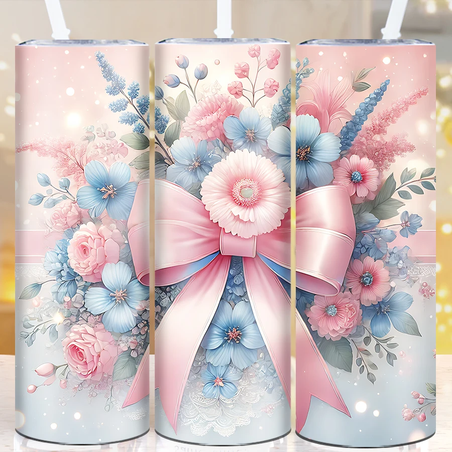

1Pc Party Flowers Tumblers 3D Print Flowers & Bow Coffee Tumblers Straw Lid 20oz Stainless Insulated Mugs Festive Party Gifts