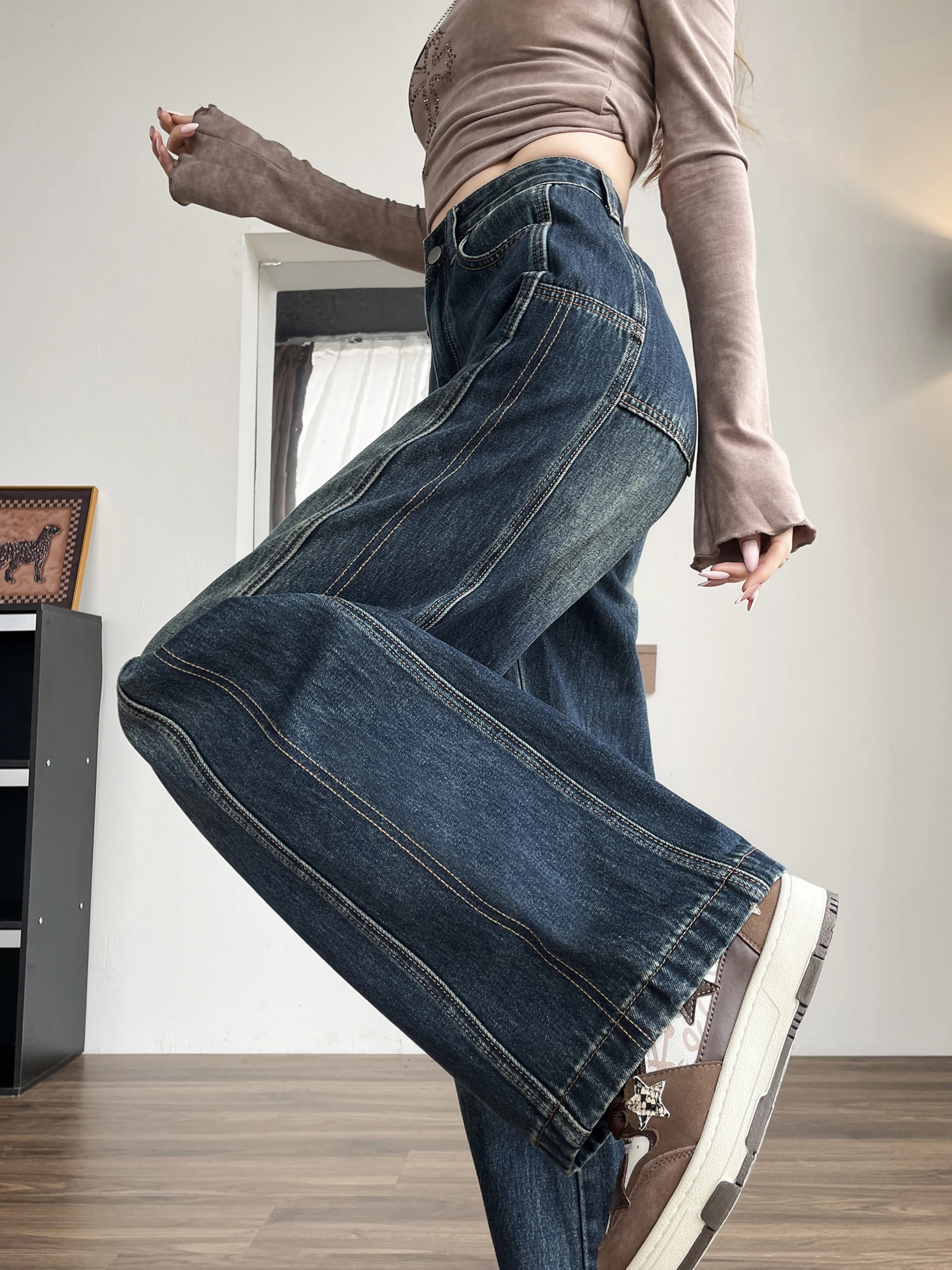 Thiened Fce ハイウエストベルボトムジーンズ女性冬新作スレブルーウェッドデニムルーズロングパンツ通勤ファション