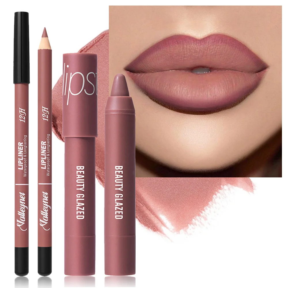 2 個/セット リップライナー + 口紅 マット防水長持ちリップカラーセット - リップライナー + 保湿口紅化粧品