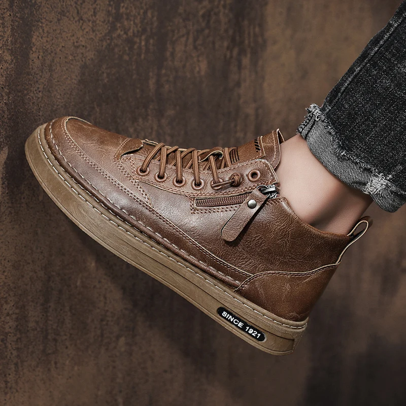 

Casual boots workwear fashion versatile soft soled comfort leather Men's autumn and winter warm plush outdoor