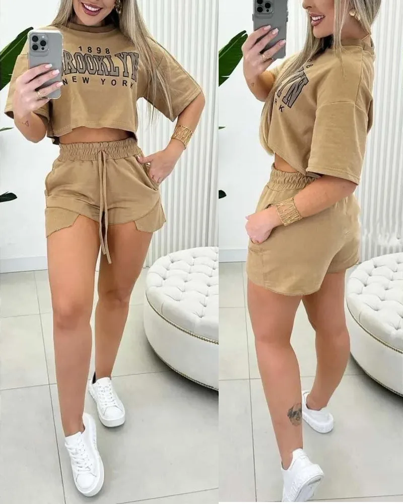 Summer Women Two Piece Set Causal Letter Print Crop Top and Pocket Drawstring Design Shorts Set