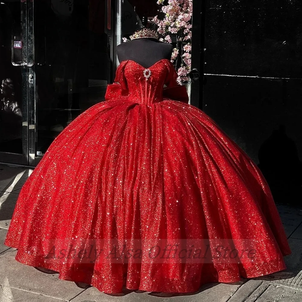 Real Picture Luxury Red Glitter Quincenara Dresses Off The Shoulder Bow Sweet 16 14 Birthday Party Prom Gown Vestidos De XV Años