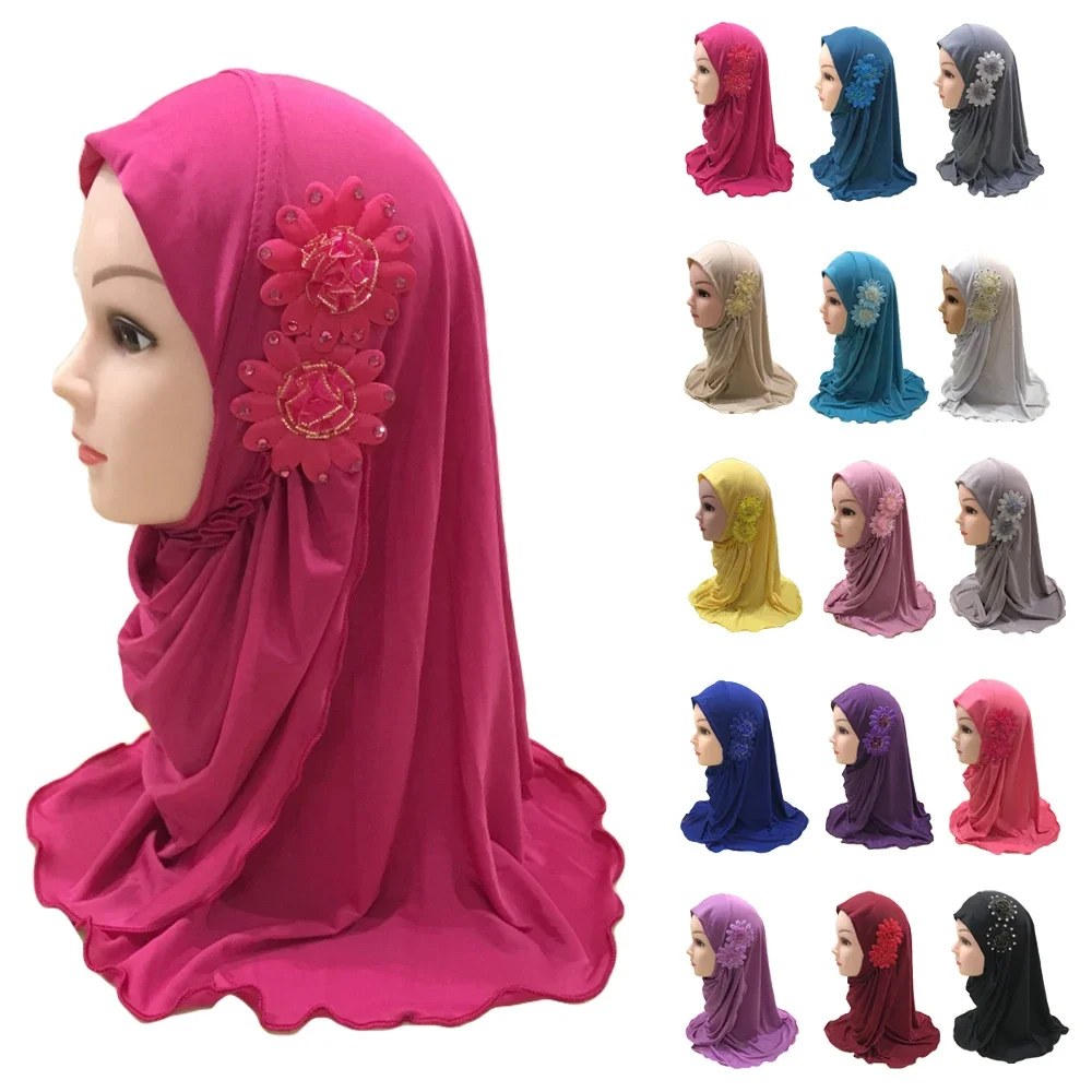 Muslim Flower Hijab for Kids Girls Full Cover Scarf One Piece Amira Instant Headscarf Wrap Islamic Arab Prayer Hijabs 2-6 Year