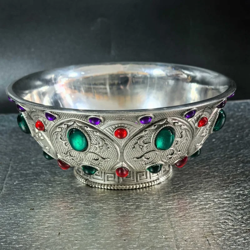 Qianlong Era Gemstone , Silver-Plated , Copper Bowl, Home Craft Ornament, Tibetan Tantric Buddhist Holy Water Cup