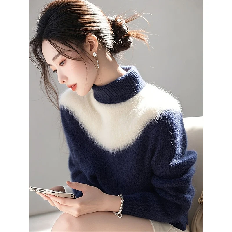 Blue White Color Blocked Fashionable Women's Sweater Autumn Winter Casual High-end Half High Neck Knitted Sweater Top for Women