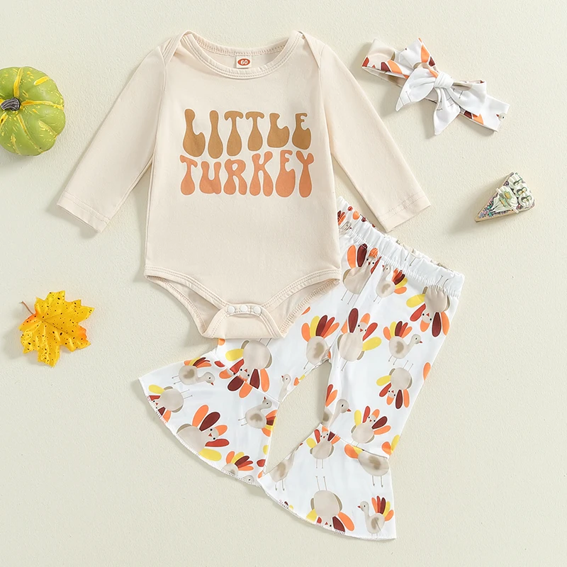 2024-05-14 Lioraitiin Baby Girl Thanksgiving Outfit, Letter Print Long Sleeve Romper Turkey Print Flare Pants Tie Headband Set