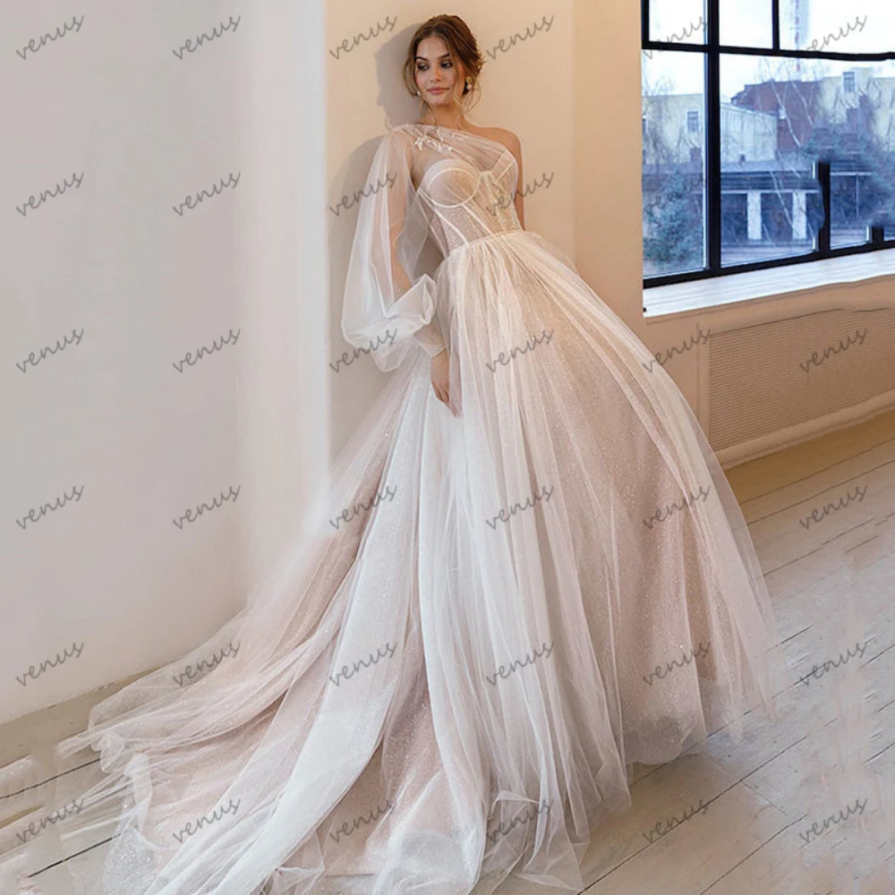 

Illusion Wedding Dresses A-Line Tulle Tiered Bridal Gowns Long Puff Sleeves Robes For Formal Party Glamorous Vestidos De Novia