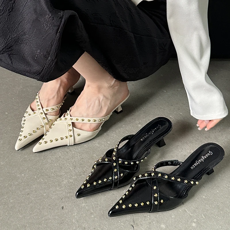 Rivet Women Pumps Fashion Elegant Female Shoes Thin High Heels New In 2024 Mules Ladies Sandals Slides Footwear Slippers