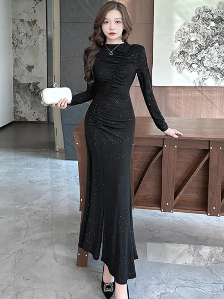 2024 Black Bright Silk Pleated Bodycon Long Dress Women Elegant Luxury Ruffled Dress Autumn Winter Korean Vintage Evening Dress